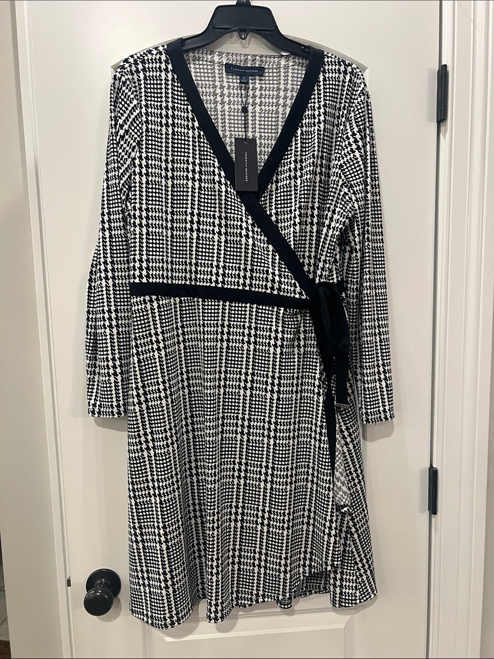 Tommy Hilfiger Black and White Plaid Long-Sleeve Wrap Dress